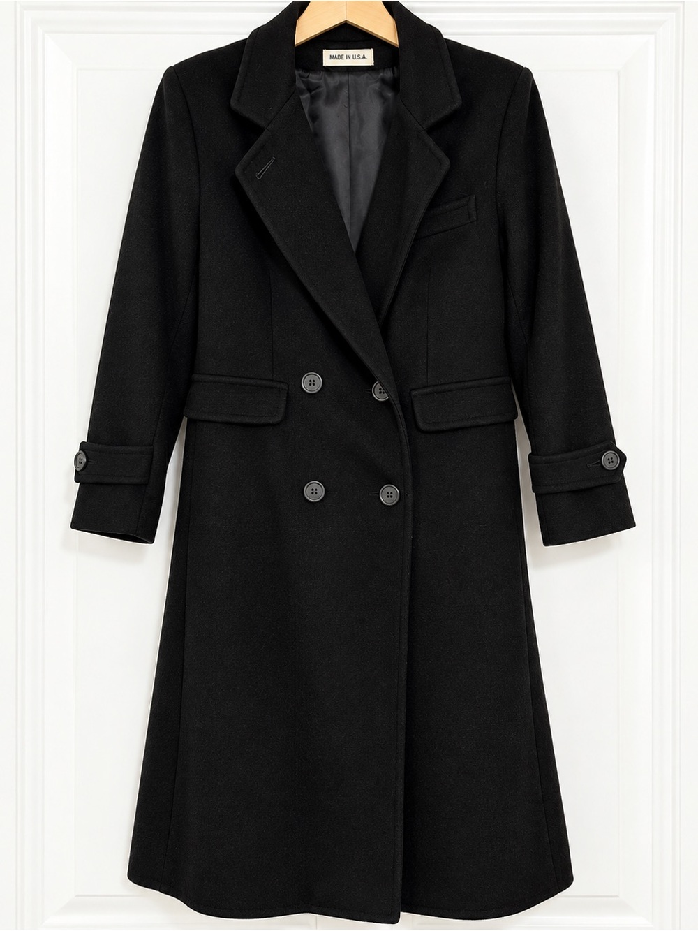 Vintage Black 100% Wool Long Pea Coat Made in USA